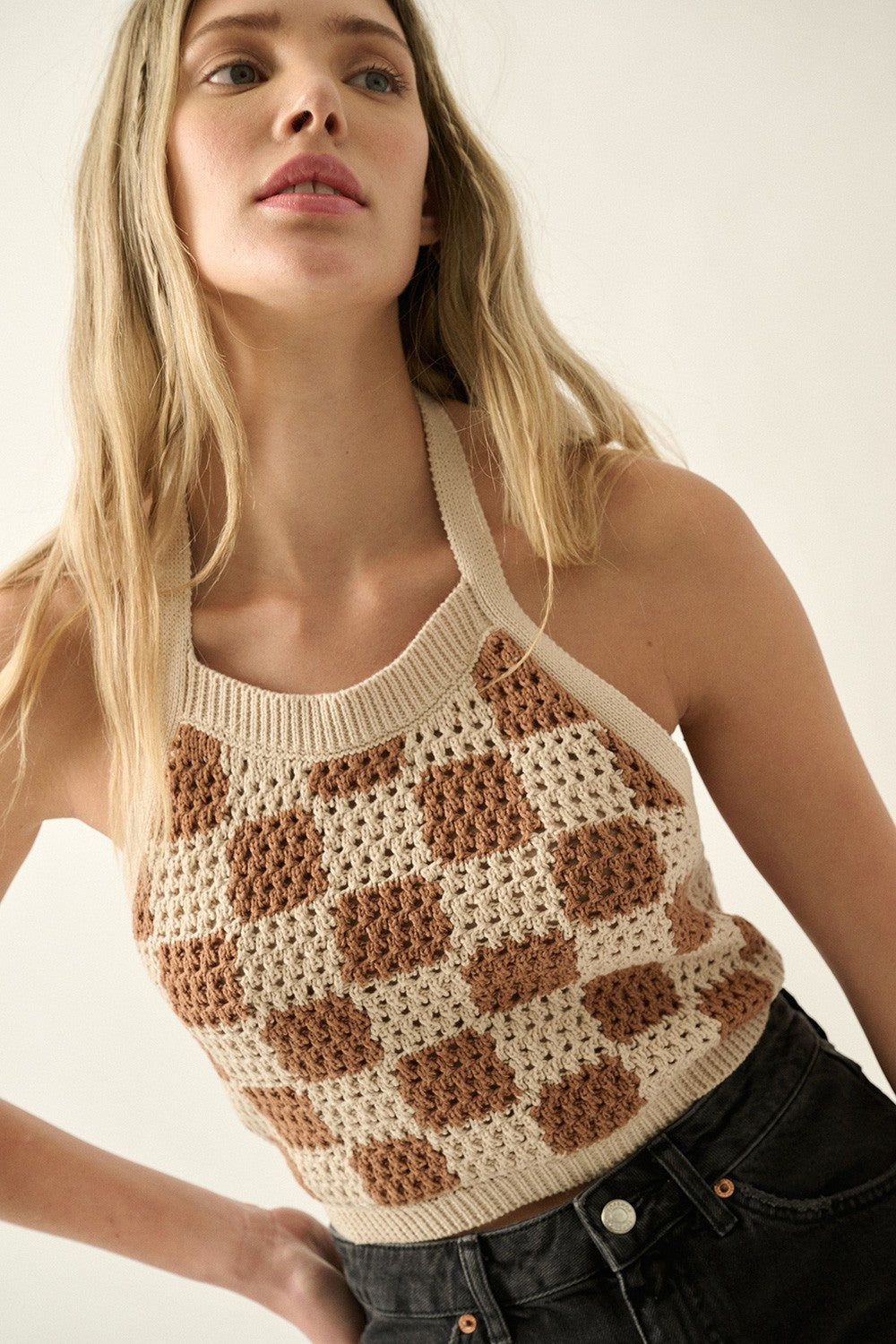 2362 CROCHET CHECKERED HALTER TOP