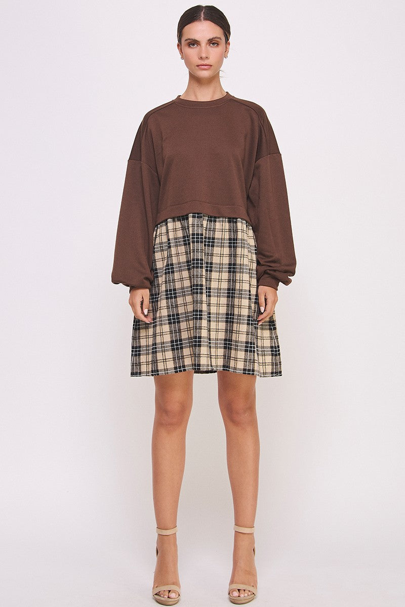 3284 LONG SLEEVE CHECK SKIRT DRESS