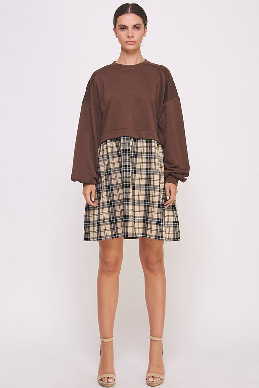 3284 LONG SLEEVE CHECK SKIRT DRESS