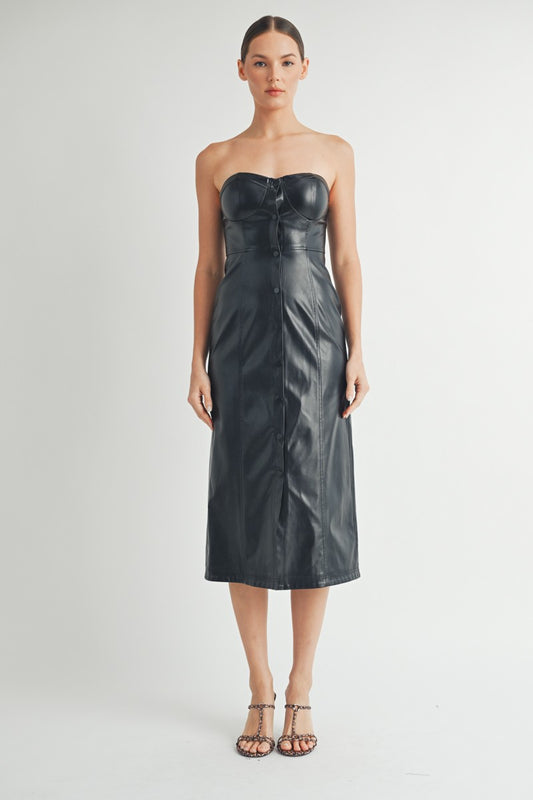 3286 STRAPLESS FAUX LEATHER BUSTIER MIDI DRESS