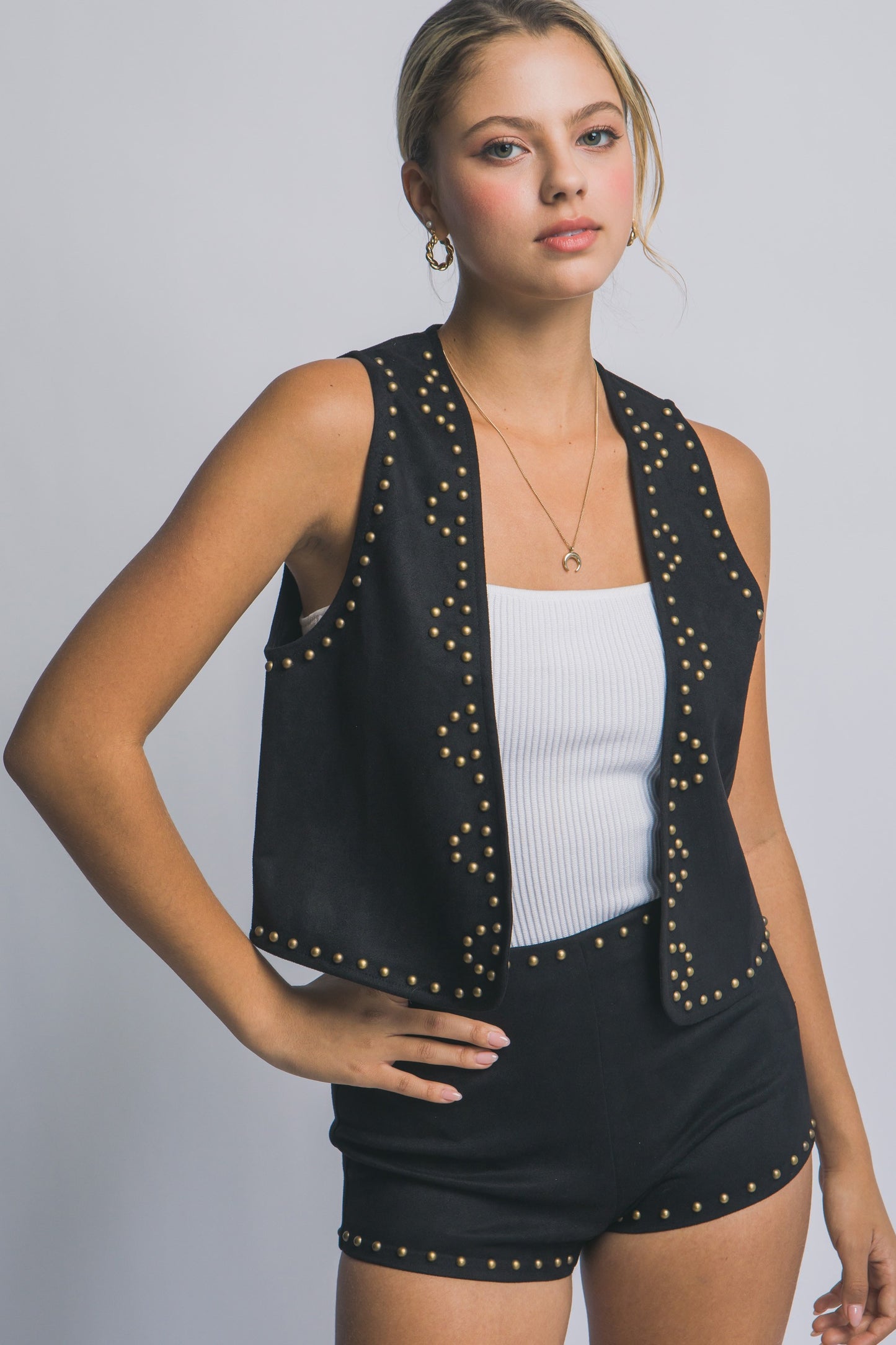 2811 STUDDED FAUX SUEDE OPEN VEST