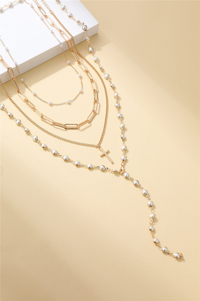 3419 LAYERED PEARL & CROSS NECKLACE SET