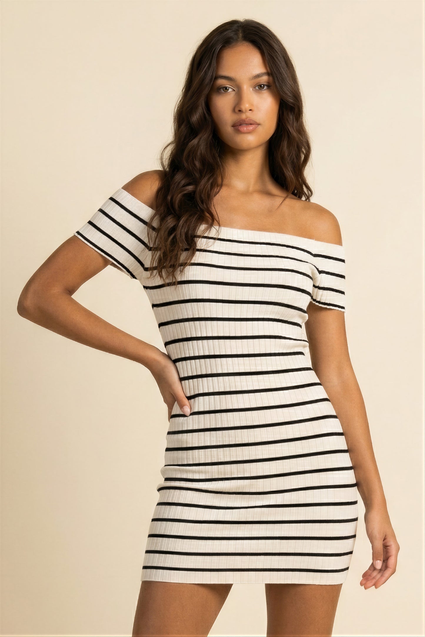 3236 OFF SHOULDER STRIPED KNIT DRESS