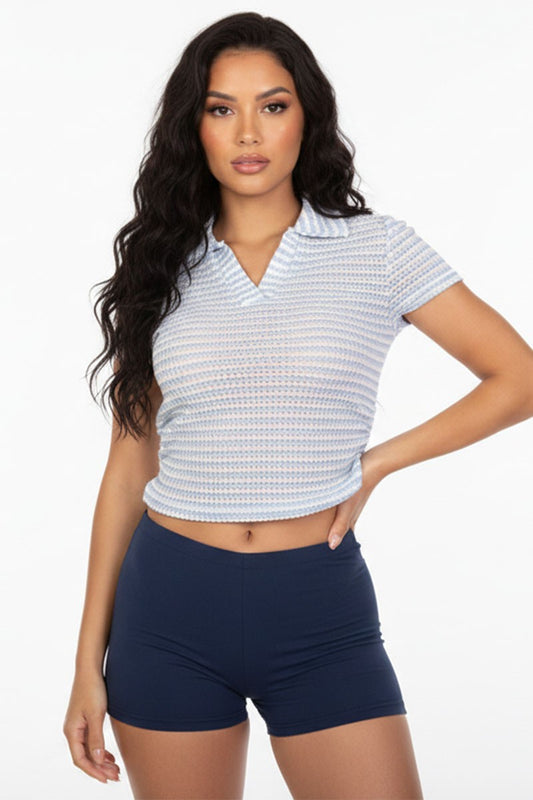 3128 PINEAPPLE KNIT STRIPED POLO TOP