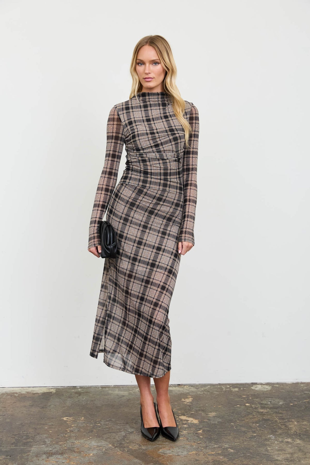 3356 PLAID MESH MIDI DRESS
