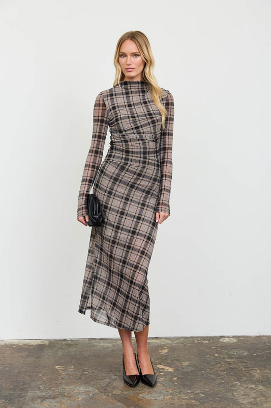 3356 PLAID MESH MIDI DRESS