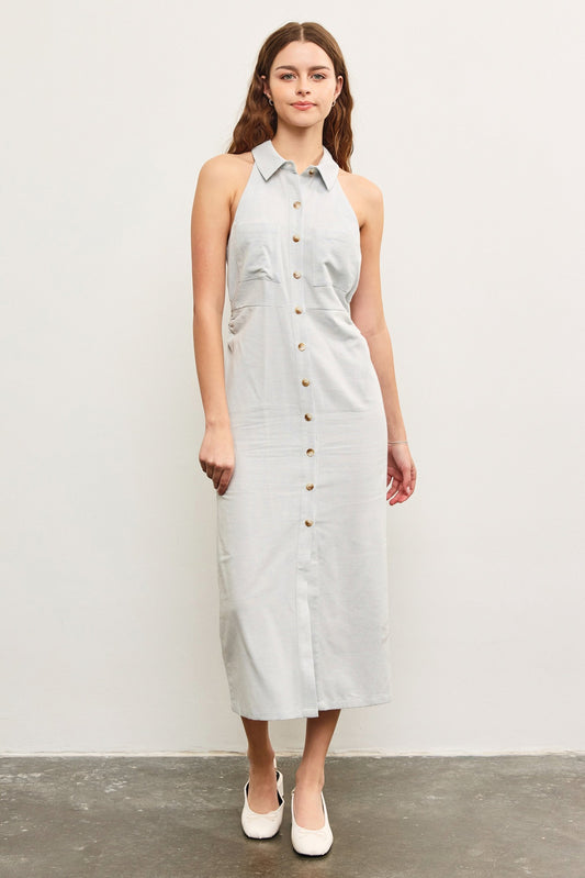 2441 SIDE RUCHED HALTER NECK SHIRT DRESS