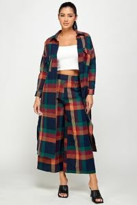 80022 PLAID LONG BLOUSE AND PANT SET