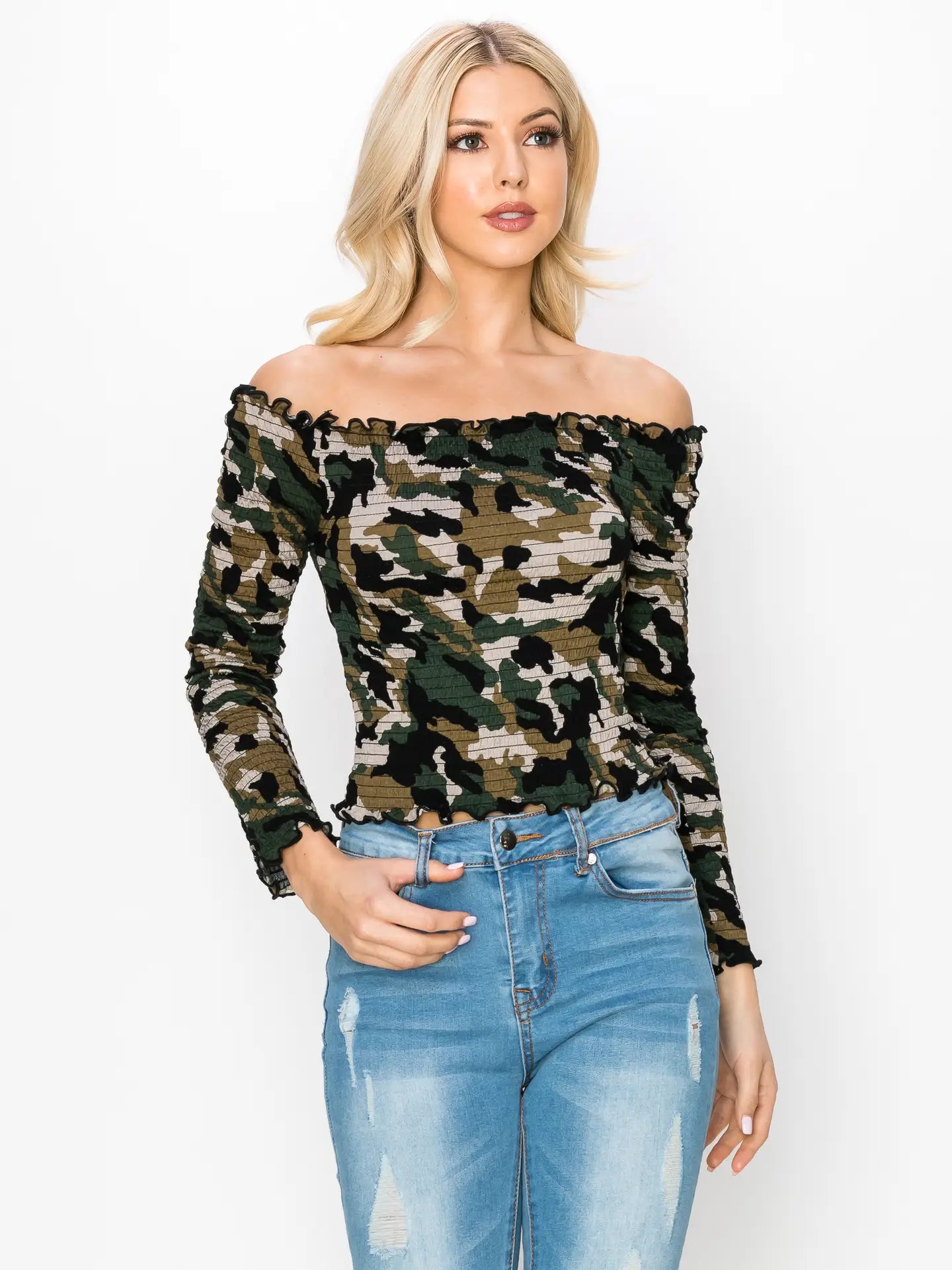3219 CAMO SMOCKING TOP