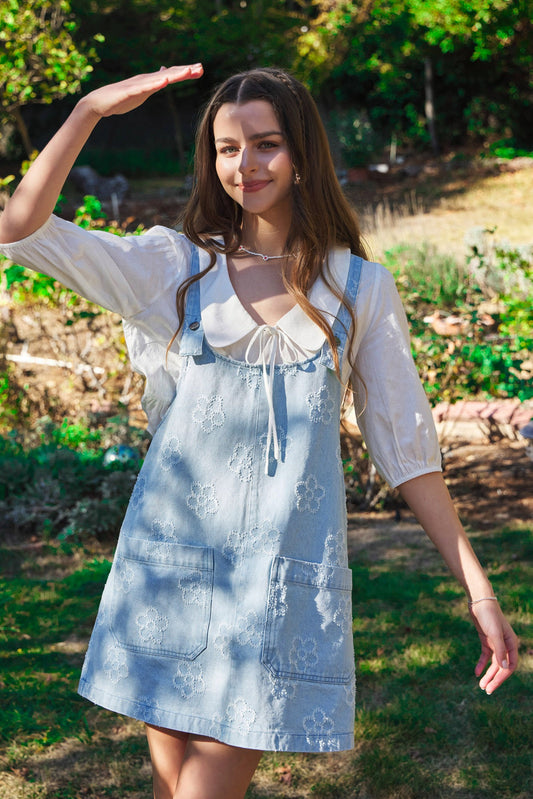 2431 FLOWER DISTRESSED DENIM OVERALL DRESS