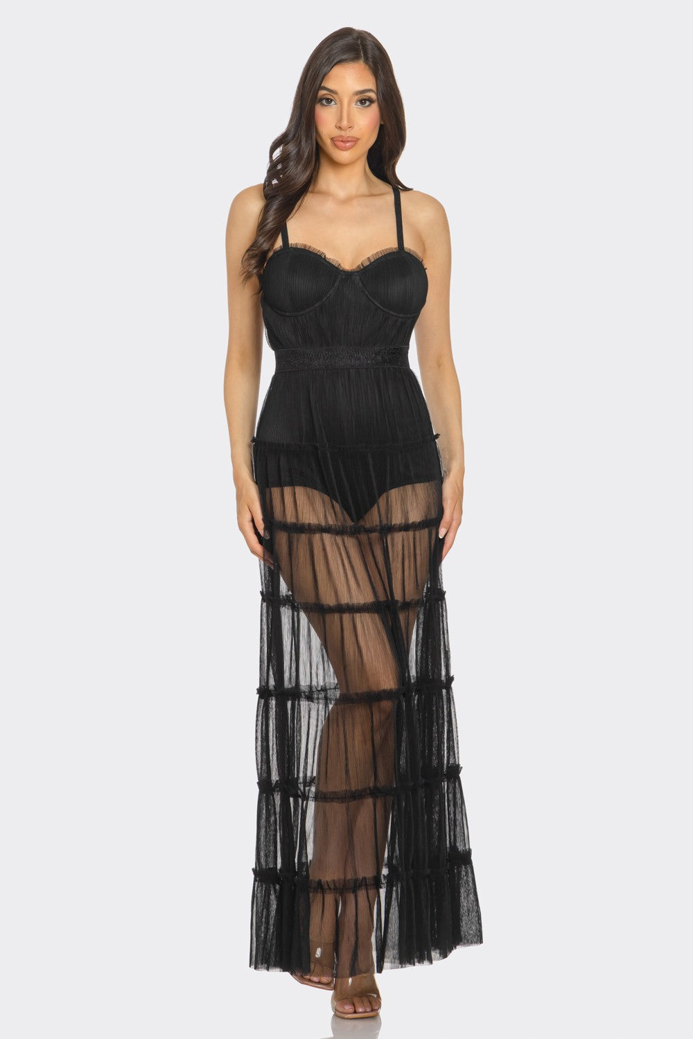 2534 PLEATED ORGANZA SHEER MAXI DRESS