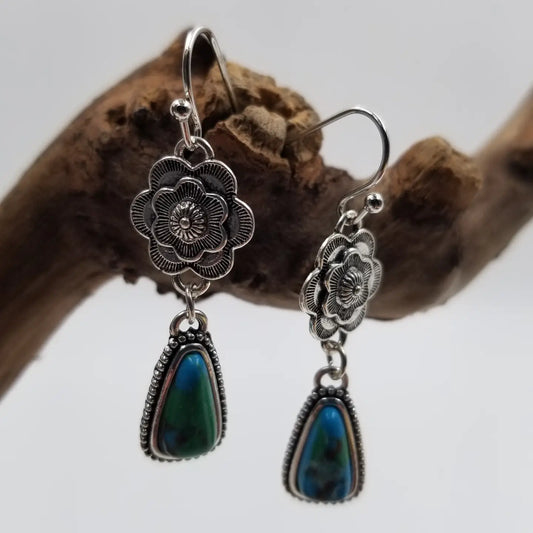 3369 VINTAGE SILVER FLORAL TURQUOISE EARRINGS