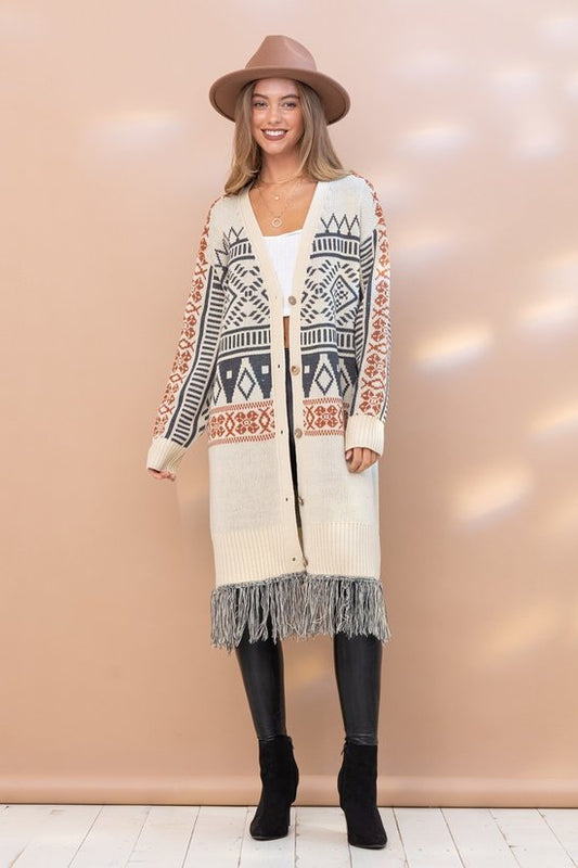 70080 AZTEC FRAYED BUTTON UP CARDI