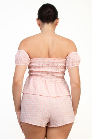 3139 OFF SHOULDER GINGHAM TOP AND MINI SHORTS SET