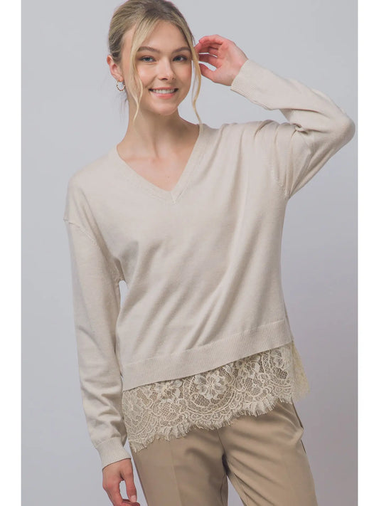 3316 LACE HEM V-NECK SWEATER