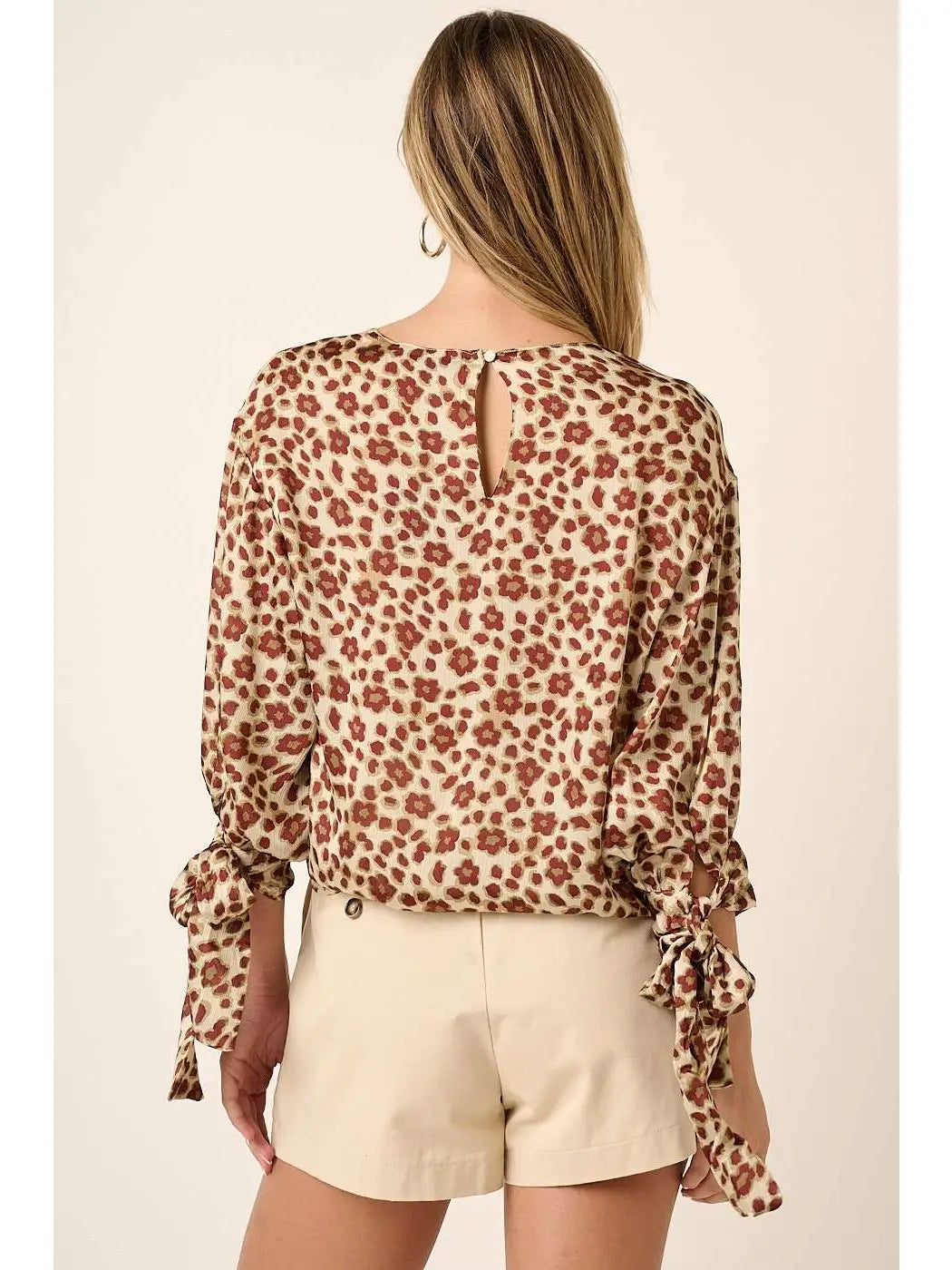 3324 FLOWER LEOPARD SLEEVE TIE BLOUSE
