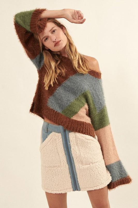 1045 FUZZY COLOR BLOCK SWEATER