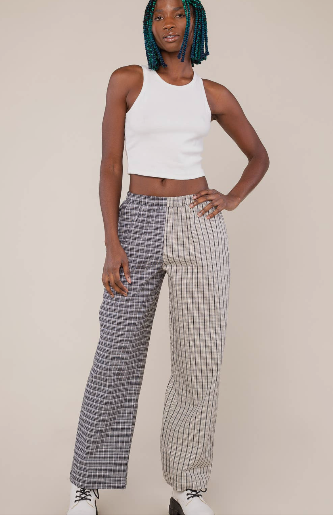 1068 COLOR BLOCK PLAID PULL ON PANTS