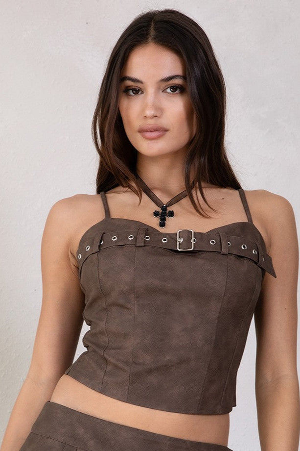 2515 SMOKE DISTRESSED FAUX LEATHER TOP