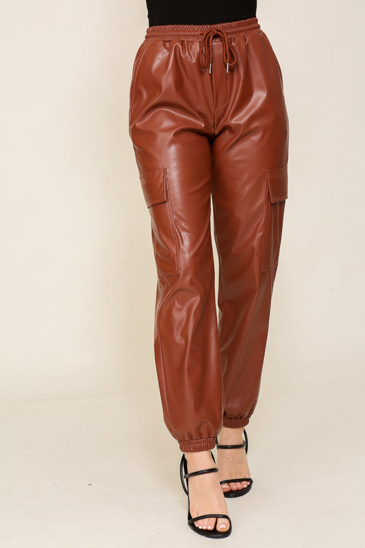 2638 FAUX LEATHER CARGO JOGGER PANTS