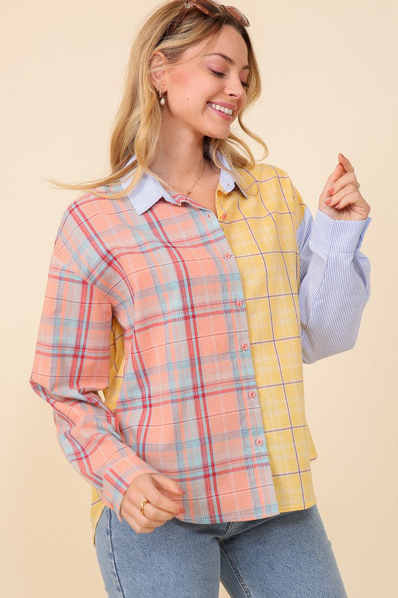 2444 COLOR BLOCK BUTTON DOWN TOP
