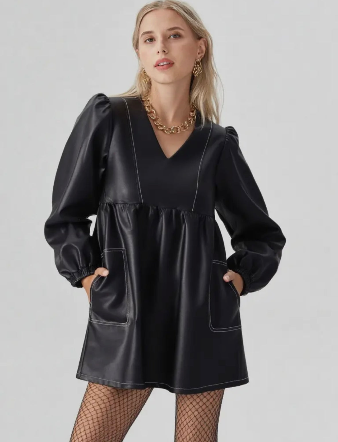 2664 FAUX LEATHER BABYDOLL MINI DRESS