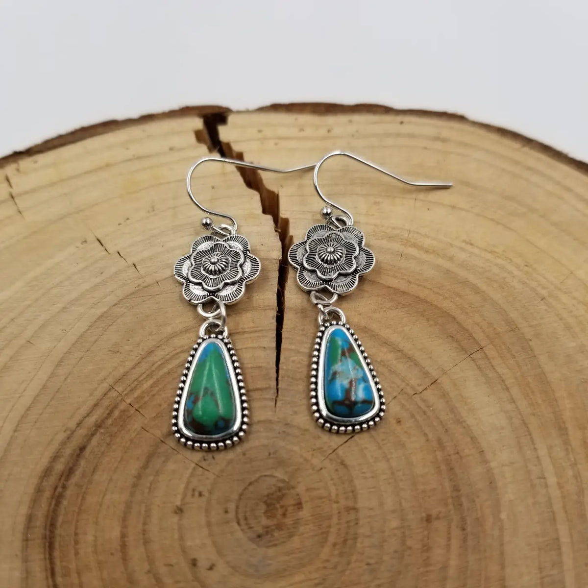 3369 VINTAGE SILVER FLORAL TURQUOISE EARRINGS