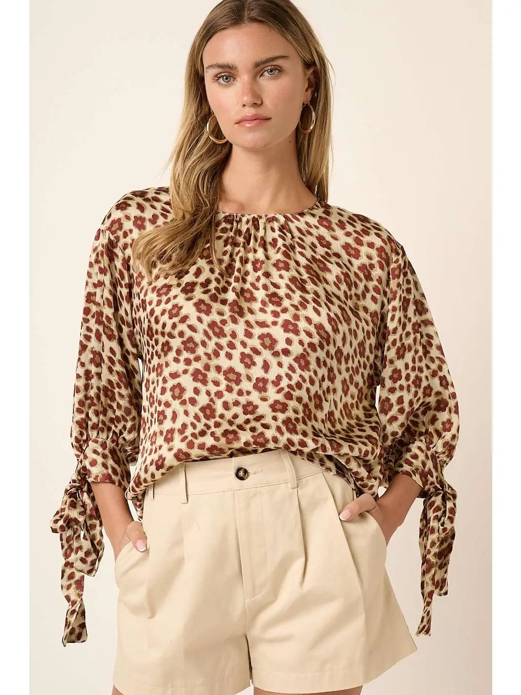 3324 FLOWER LEOPARD SLEEVE TIE BLOUSE