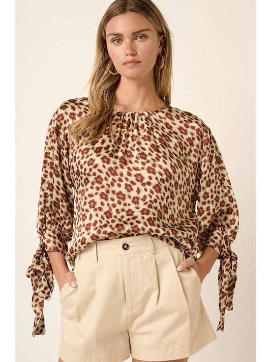 3324 FLOWER LEOPARD SLEEVE TIE BLOUSE